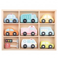 Lelin Toys Комплект дървени автомобили и пътни знаци